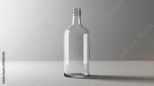 3D rendering of a single clear glass bottle on a white background. The bottle is in focus and there is a slight shadow on the ground plane.