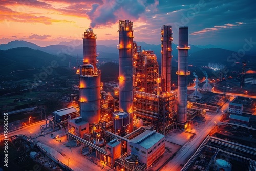 Aerial view of a sprawling industrial plant lit with myriad lights as the sun sets, giving a glimpse into the world of industry