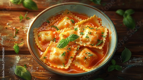 See a detailed illustration of a classic Italian dish ravioli pasta, presented with a savory sauce, and complemented by aromatic herbs 8K , high-resolution, ultra HD,up32K HD photo