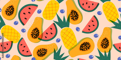 Summer seamless pattern with tropical fruits. Trendy risograph style. Background with pineapple, watermelon, papaya, blueberry. Pattern with simple vector fruits and grain texture. 80s style design.