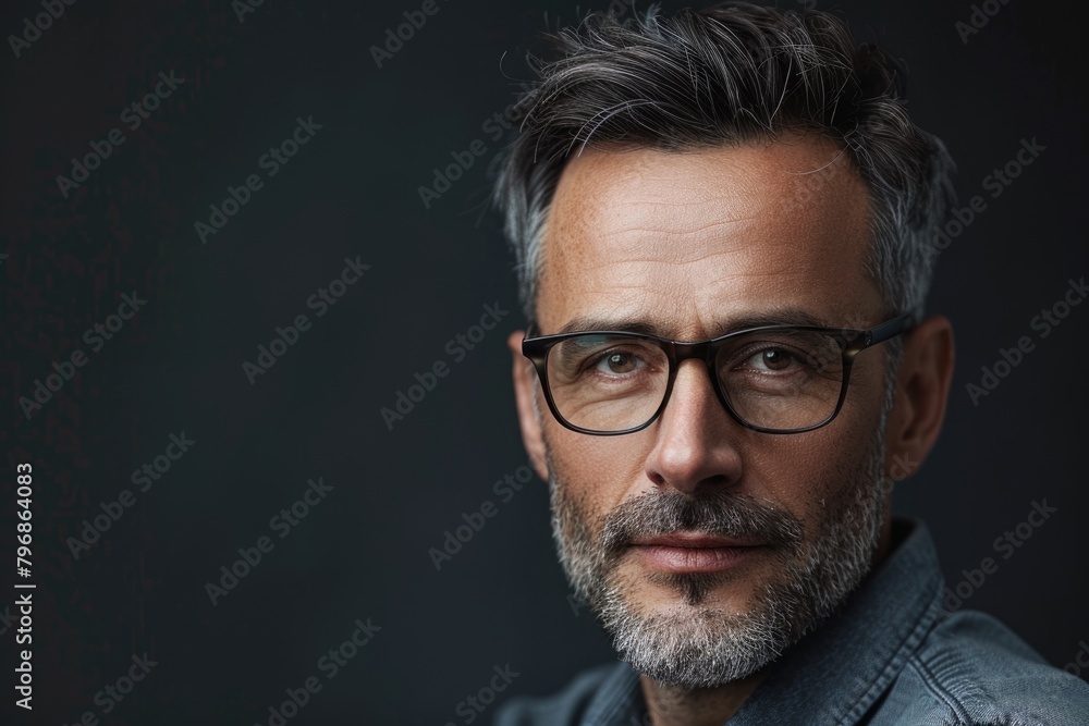 Middle aged man in glasses posing with smile against dark background Middle aged man in glasses posing with smile against dark background