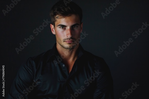 Handsome man in black shirt posing in studio.
