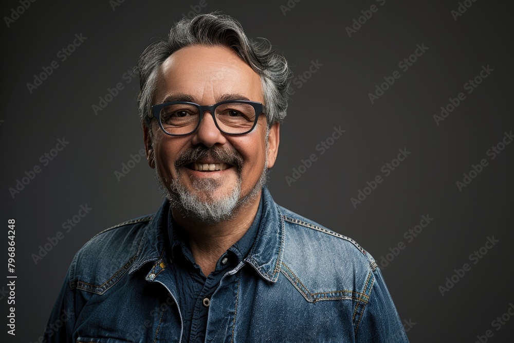 Portrait of mature man with facial hair and glasses smiling in studio. Portrait of mature man with facial hair and glasses smiling in studio.