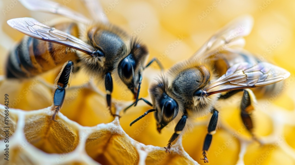 Two bees are on a yellow surface Two bees are on a yellow surface