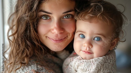 A woman is holding a baby with blue eyes