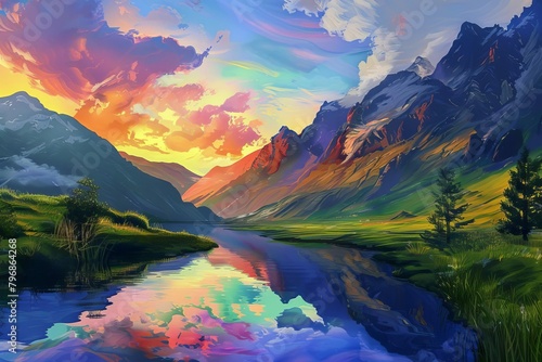 idyllic mountain landscape with winding river reflecting colorful sky digital painting