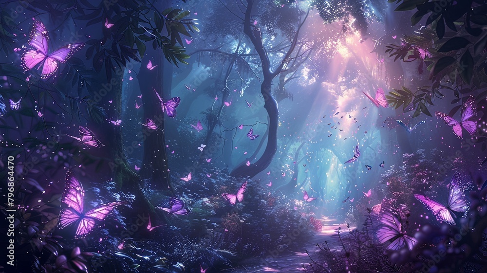 Obraz premium A forest with many butterflies flying around