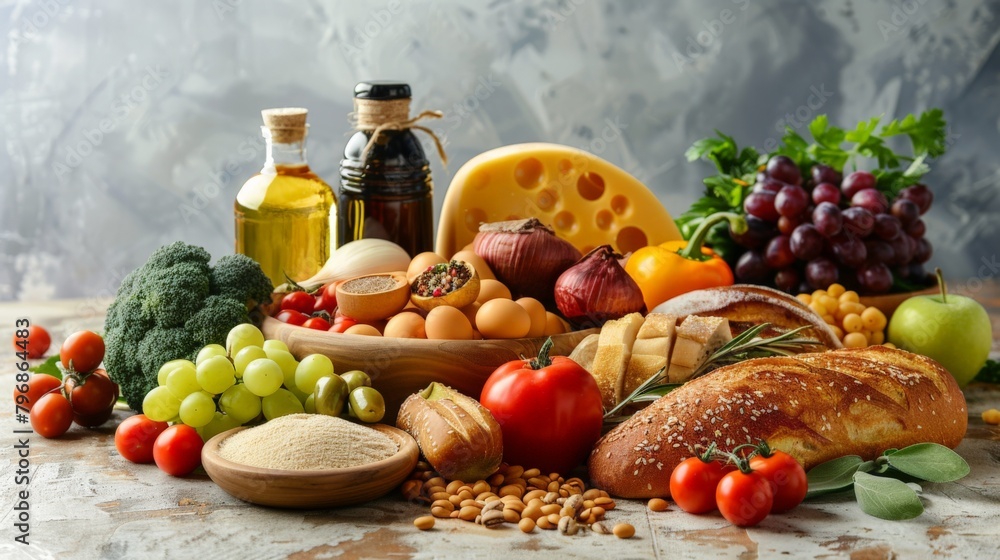 A variety of fruits and vegetables are displayed on a wooden table A variety of fruits and vegetables are displayed on a wooden table