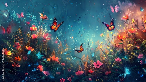A colorful field of flowers with butterflies flying around photo