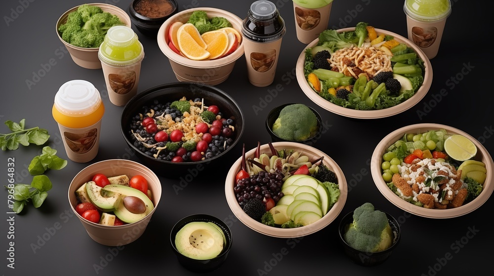 Healthy take away food and drinks in disposable eco friendly paper containers on gray background, top view. Fresh salad, soup, poke bowl, buddha bowl, fruits, coffee and juice. Healthy take away food and drinks in disposable eco friendly paper containers on gray background, top view. Fresh salad, soup, poke bowl, buddha bowl, fruits, coffee and juice.