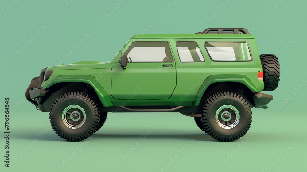 A green off-road vehicle on a green background. The car is a four-door SUV with a black roof rack.