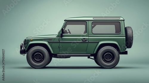 The image shows a generic off-road vehicle in a studio environment. The car is green and has a black roof. It is seen from the side and is in focus.