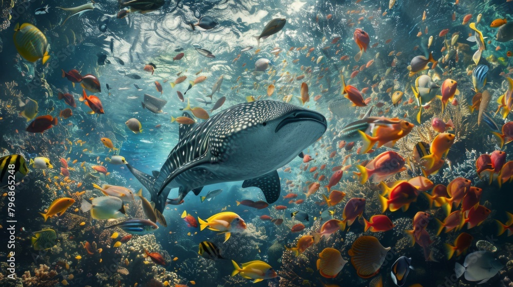 Fototapeta premium A surreal underwater shot of a whale shark gliding gracefully through a school of colorful fish, showcasing the diversity of marine ecosystems.