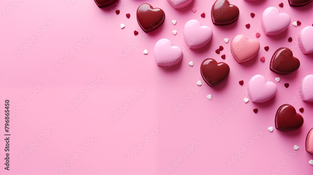 Heart Shaped Chocolates on a Pink Surface. Modern Valentine’s Day Background.
