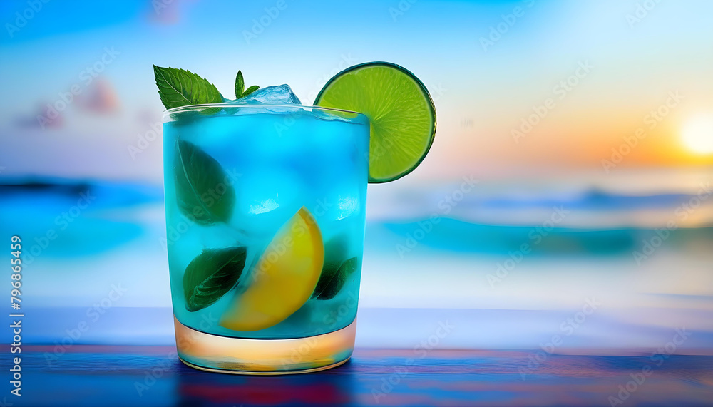 A cold, blue drink in a welcome drink glass with a tropical background A cold, blue drink in a welcome drink glass with a tropical background