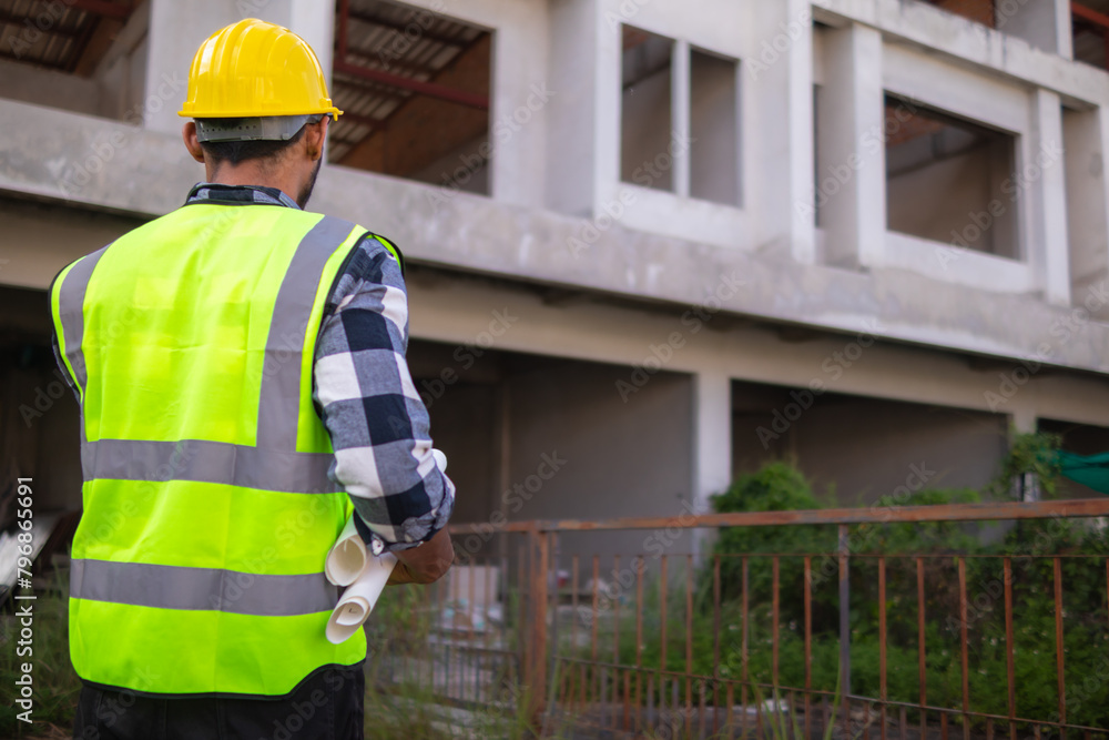 Behind the scenes foreman wearing reflective vest and hard hat inspects construction site to ensure construction meets engineering team's design plans and for the beauty and safety of residents. Behind the scenes foreman wearing reflective vest and hard hat inspects construction site to ensure construction meets engineering team's design plans and for the beauty and safety of residents.