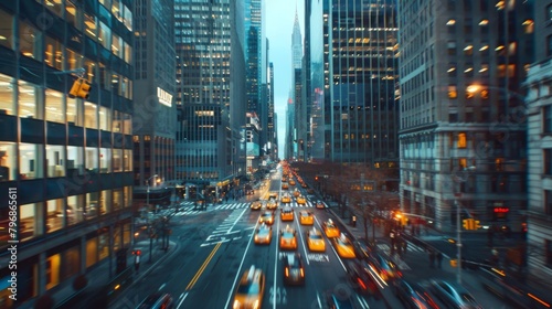 A time-lapse image of traffic flowing through the streets of a bustling city, framed by towering skyscrapers on either side. photo