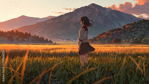 a beautiful woman in a grass field while enjoying the sunset