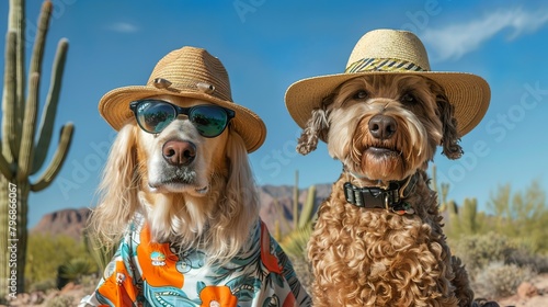 Dogs with long ears wearing a sunhat, sunglasses, and hawaiin-style shirt photo