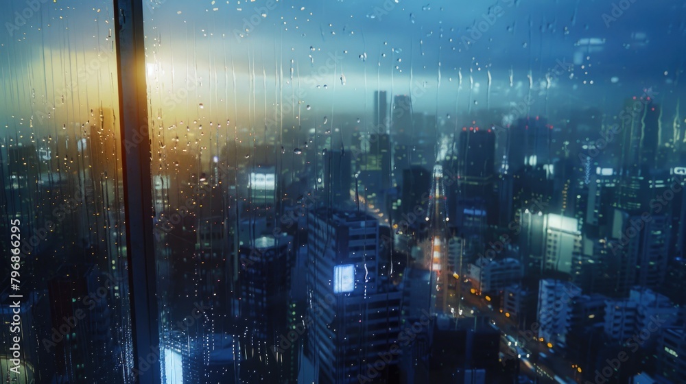 Rainy Cityscape Through Glass: Urban, Lights, Weather, Mood