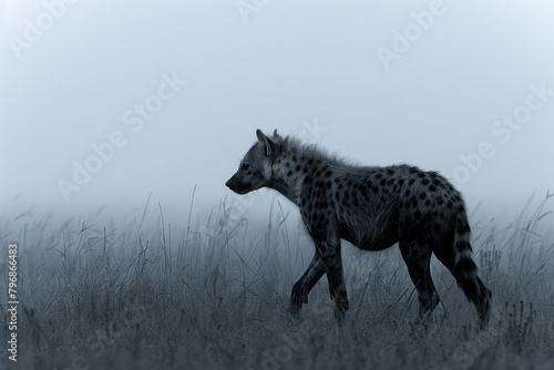 A hyena returning to its den at dawn  its coat catching the first light as it trots across the plain 