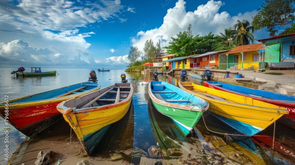 A traditional fishing village with colorful boats lined up along the shore, ready for the day's work