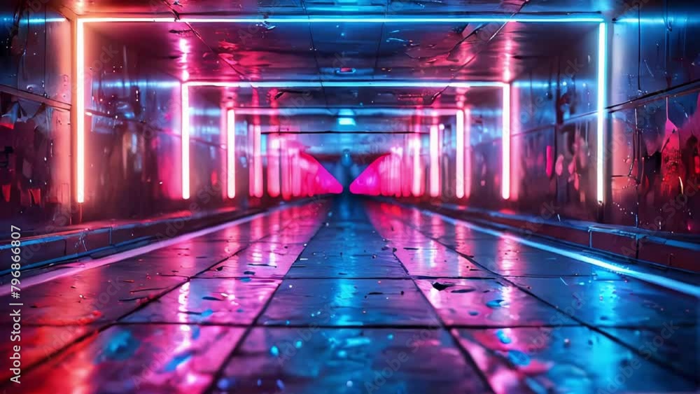 Neon-lit tunnel with reflective floor, showcasing a vibrant interplay of blue and red lights, creating a visually striking and futuristic atmosphere
