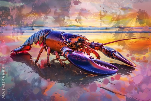 majestic lobster strolling along the shoreline at sunrise digital painting
