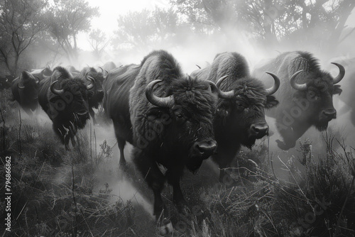 A herd of buffalo moving as one, their massive heads low as they push through the underbrush,