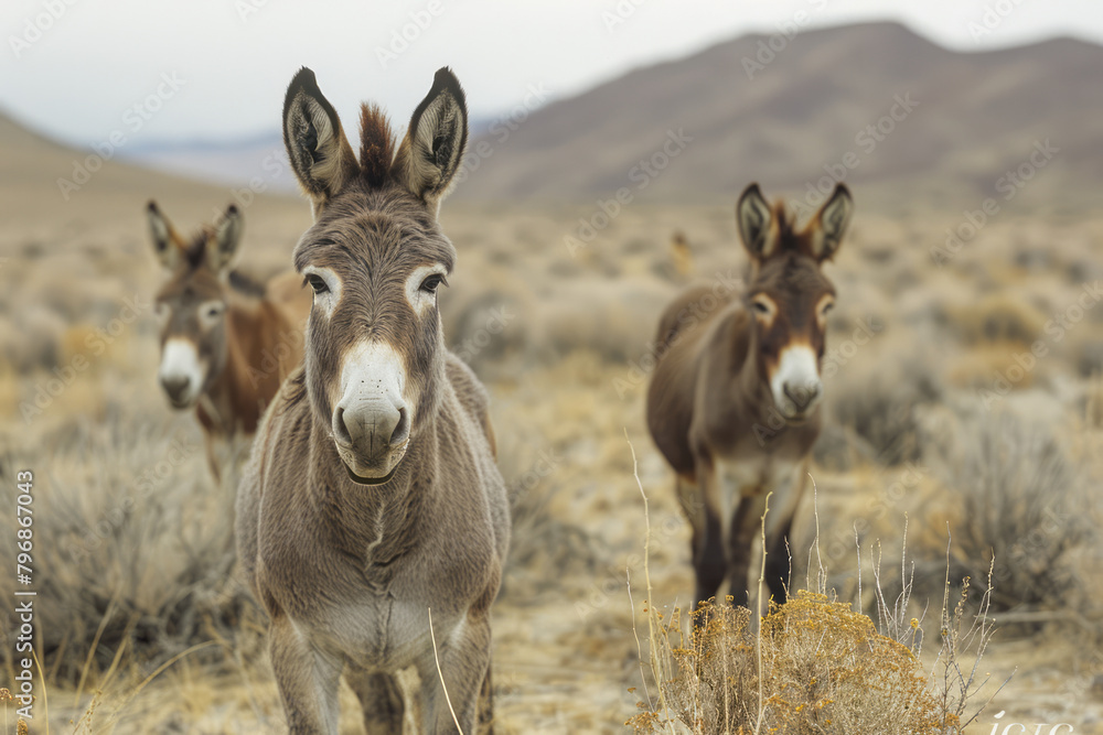 A group of wild donkeys foraging for sparse vegetation, survivors in harsh conditions,