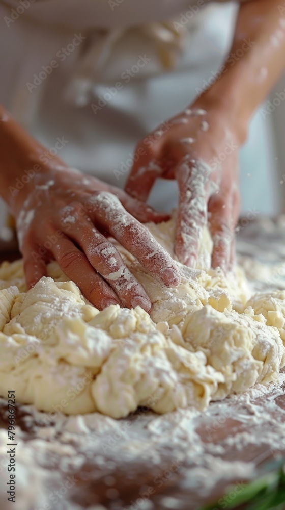 Kneading Dough on Wooden Kitchen Counter Kneading Dough on Wooden Kitchen Counter