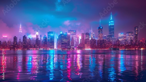A vibrant city skyline illuminated by colorful lights at night, showcasing the energy and vibrancy of urban life in a metropolis.