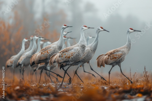 A group of sandhill cranes dancing in a field, their courtship rituals elegant and complex, photo