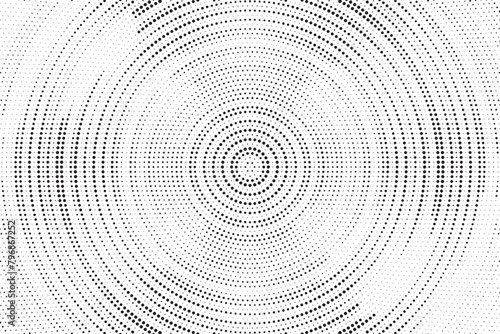 Radial halftone gradient background. Dotted concentric texture with fading effect. Black and white circle shade wallpaper. Grunge rough vector. Monochrome backdrop