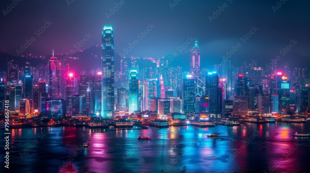 Fototapeta premium A vibrant city skyline illuminated by colorful lights at night, showcasing the energy and vibrancy of urban life in a metropolis.