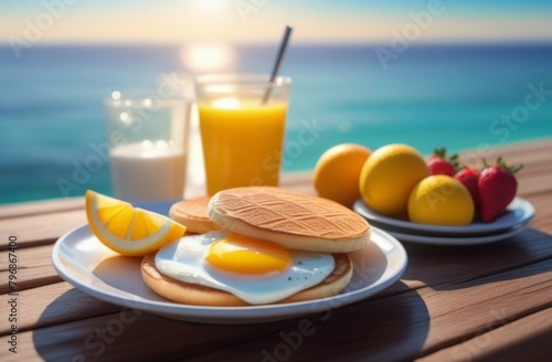 breakfast for two with coffee, fresh orabge juice and yogurt at morning by seaside photo