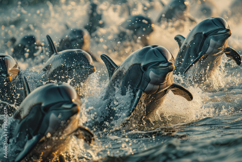 A group of dolphins herding fish into tight balls, cooperating to make their hunting more efficient, photo