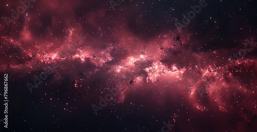 Majestic red nebula with clusters of stars against backdrop of dark cosmos. Radiant dynamic illustration for educational materials, magical backgrounds and digital art