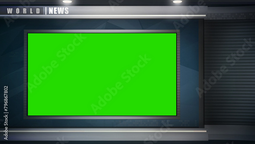 TV world news, virtual studio background, with a monitor. Ideal also for online broadcasts, live events or products promos. medium shot 3D rendering backdrop, suitable on VR tracking system stage sets