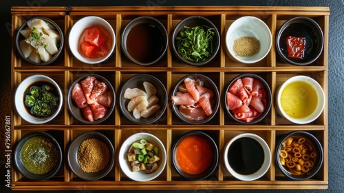 A wooden tray filled with an assortment of dipping sauces and condiments for customizing shabu-shabu flavors photo
