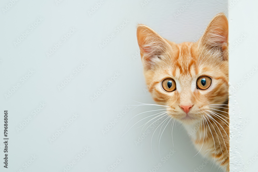 Ginger curious cat peeking from a corner, light background