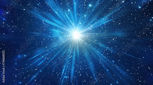 Brilliant starburst in space with glowing particles and rays of light radiating from center. Background for abstract designs, science and celestial phenomena