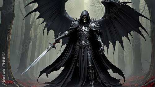 Dark Warrior Death Angel wearing Black Cloak holding Medieval Sword with Wings. Spiritual Fantasy Background. photo