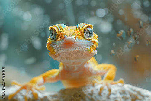 A gecko climbing a glass window, its tiny feet adhering to the surface with ease, photo