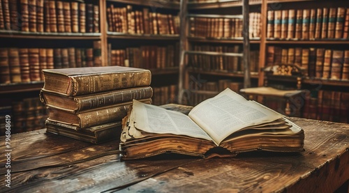 Open book on old wooden table and stack of antique books with leather spines against the background of historical library. Ideal for educational themes and classic literature promotion