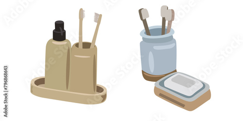 Accessories for bath, shower, toilet and healthcare, vector flat bath icons, soap, toothbrushes, ear sticks, toilet paper, a set of hygiene products for bath and toilet