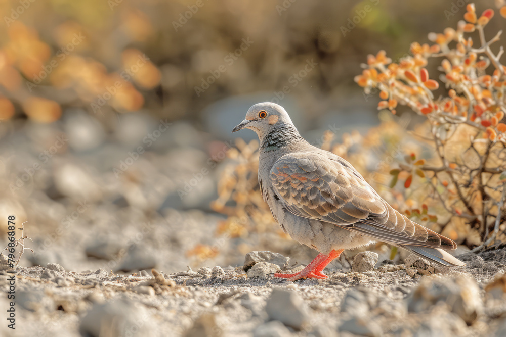 A Galapagos Dove pecking the ground, its red feet contrasting with the dusty trail, A Galapagos Dove pecking the ground, its red feet contrasting with the dusty trail,