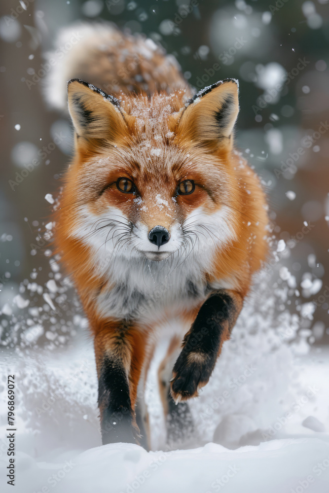 A fox pouncing on an unseen prey beneath the snow, its red fur stark against the white, A fox pouncing on an unseen prey beneath the snow, its red fur stark against the white,