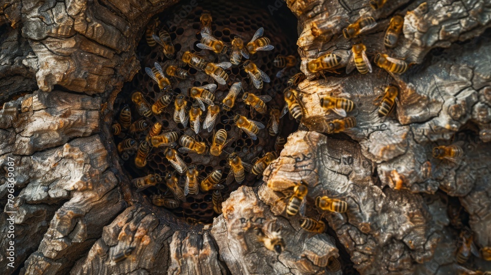 An aerial view of a sprawling bee colony nestled within a hollow tree trunk, illustrating nature's architectural marvels. An aerial view of a sprawling bee colony nestled within a hollow tree trunk, illustrating nature's architectural marvels.