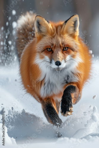 A fox pouncing on an unseen prey beneath the snow, its red fur stark against the white, © Natalia